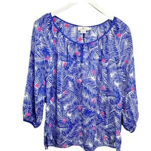 Vineyard Vines Silk Blouse Top Blue Pink Palm Print Long Sleeve S Embroidered